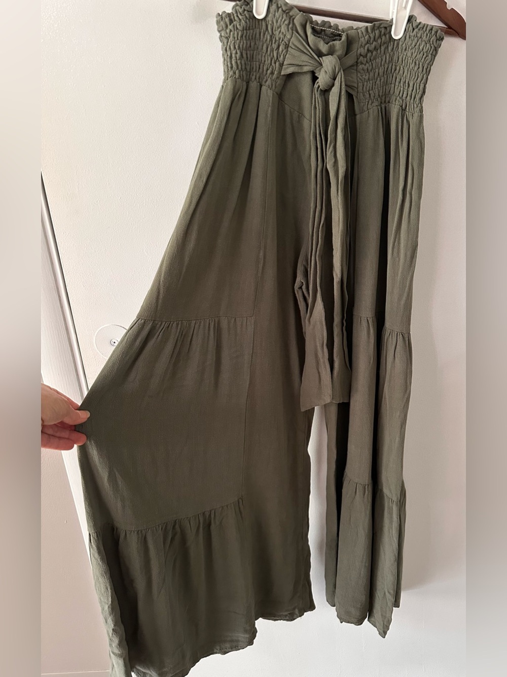 Impressions Boutique Olive Letha Tiered Wide Leg Boho Pants Size Large Linen Ble